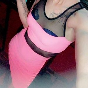 Mesh top, silk dress.